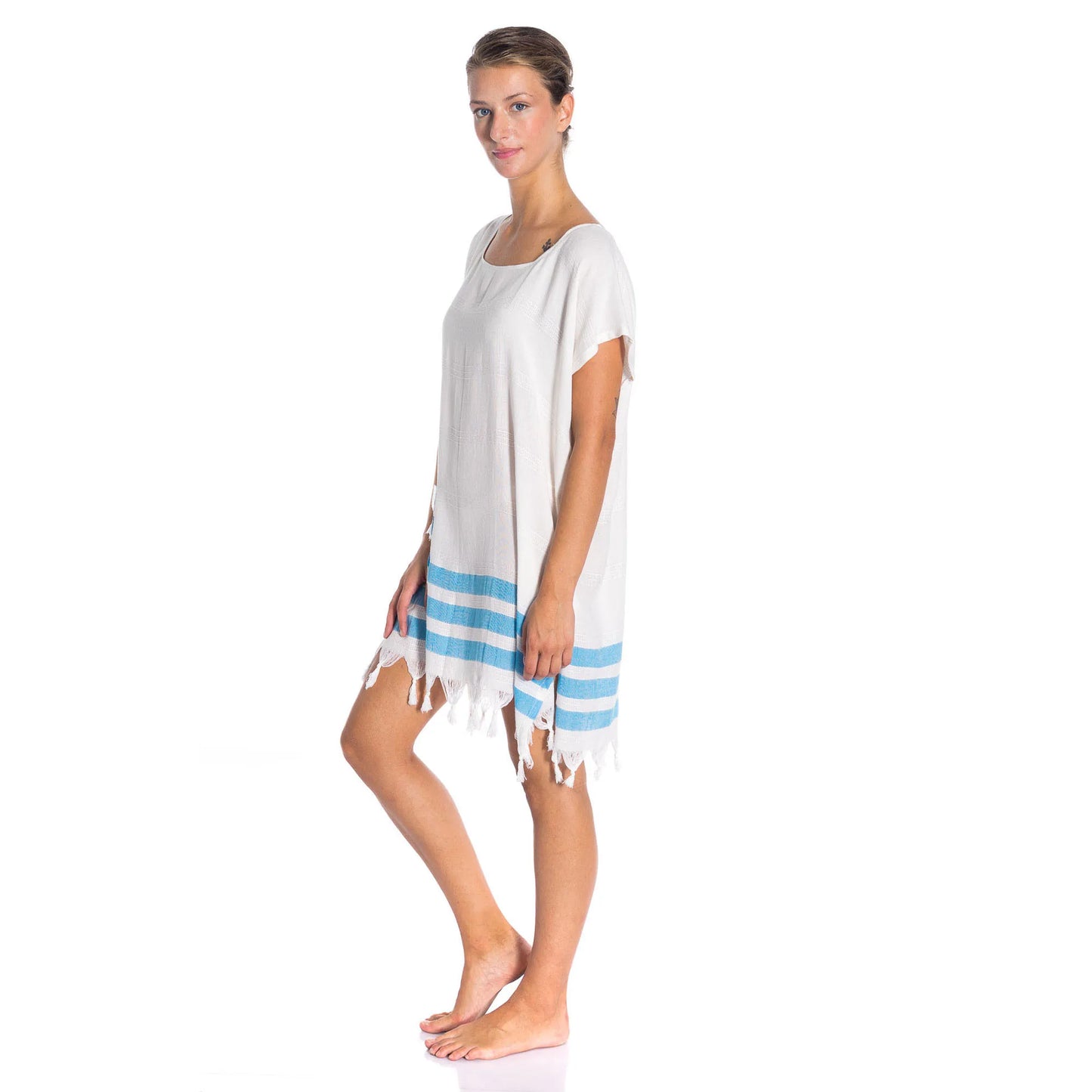 Soft 100% Turkish Cotton Swimsuit Cover Up Dress for Women Short Sleeve Beach Dress with Fringed Hem