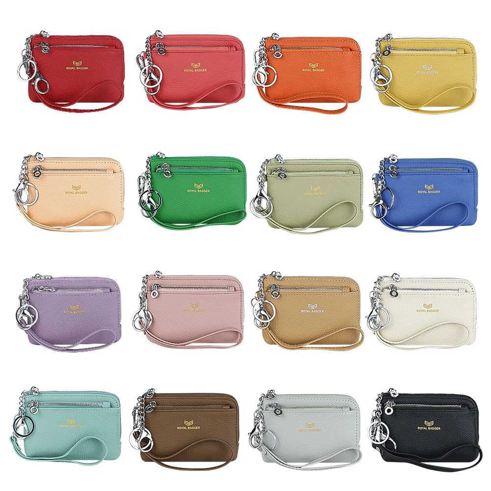 Royal Bagger RFID Coin Purse with Keychain, Genuine Leather Multi Zipper Clutch Wallet, Portable Wristlet Card Holder