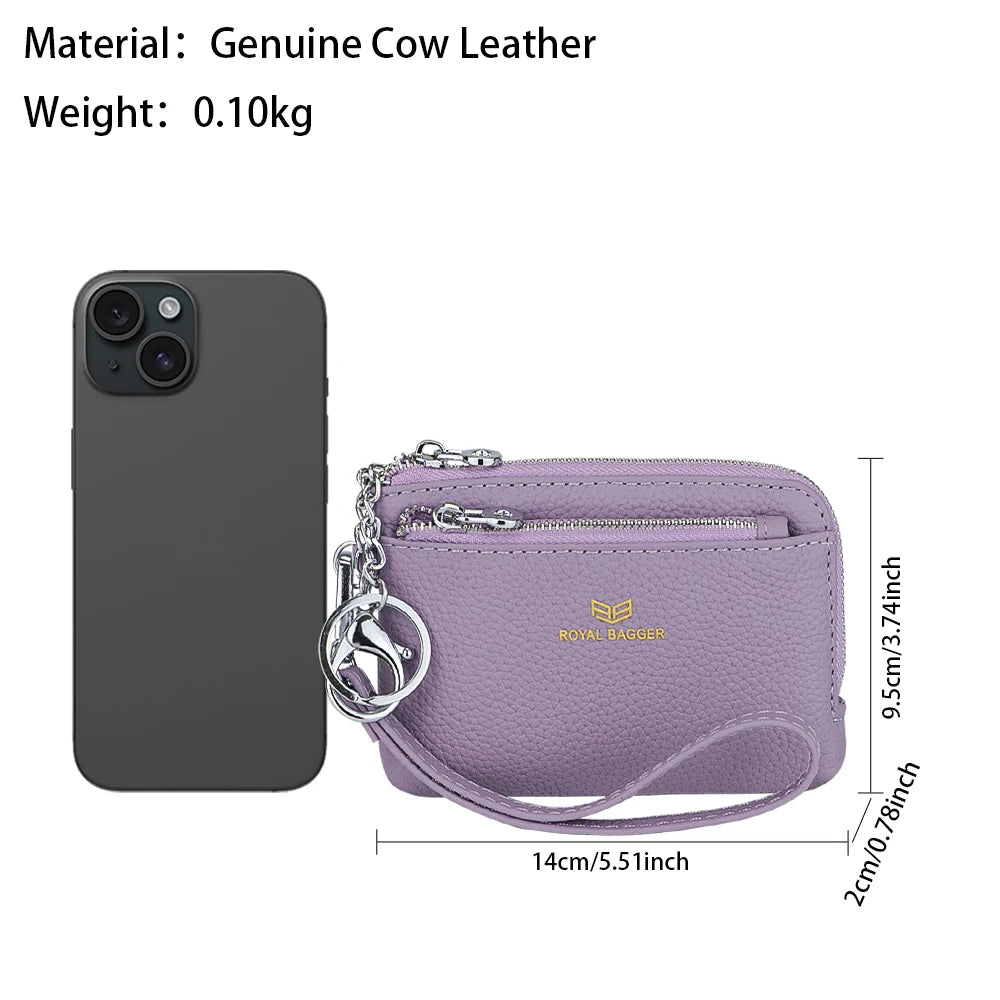 Royal Bagger RFID Coin Purse with Keychain, Genuine Leather Multi Zipper Clutch Wallet, Portable Wristlet Card Holder