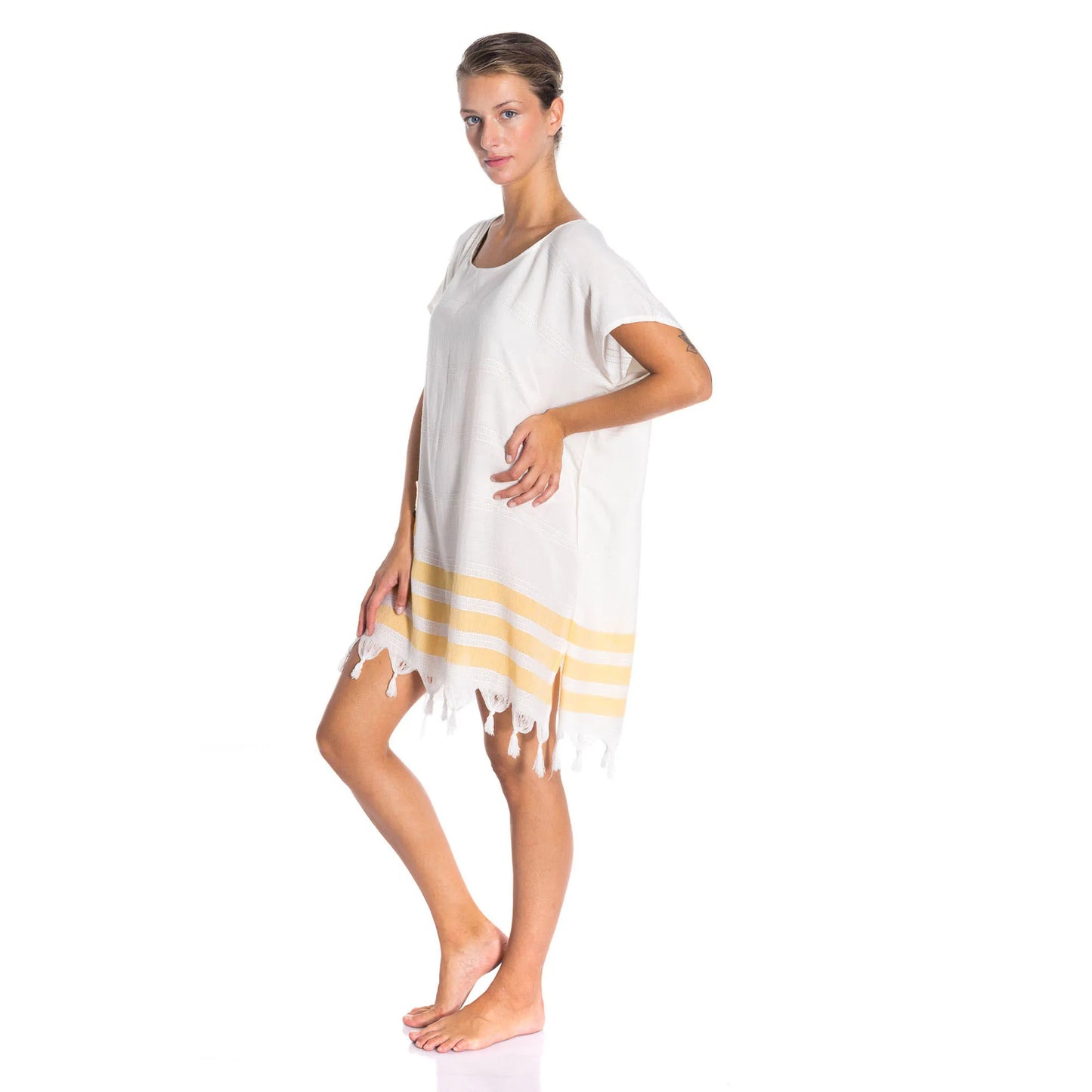 Soft 100% Turkish Cotton Swimsuit Cover Up Dress for Women Short Sleeve Beach Dress with Fringed Hem