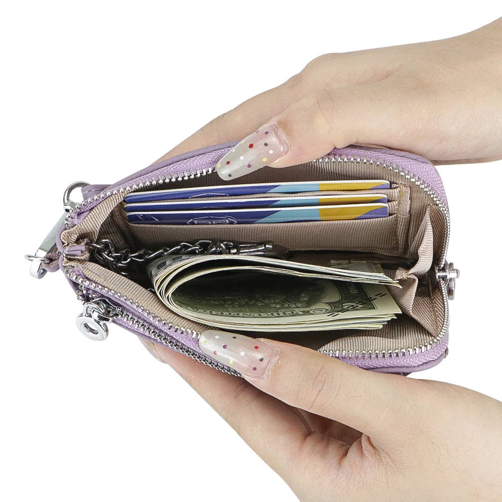 Royal Bagger RFID Coin Purse with Keychain, Genuine Leather Multi Zipper Clutch Wallet, Portable Wristlet Card Holder
