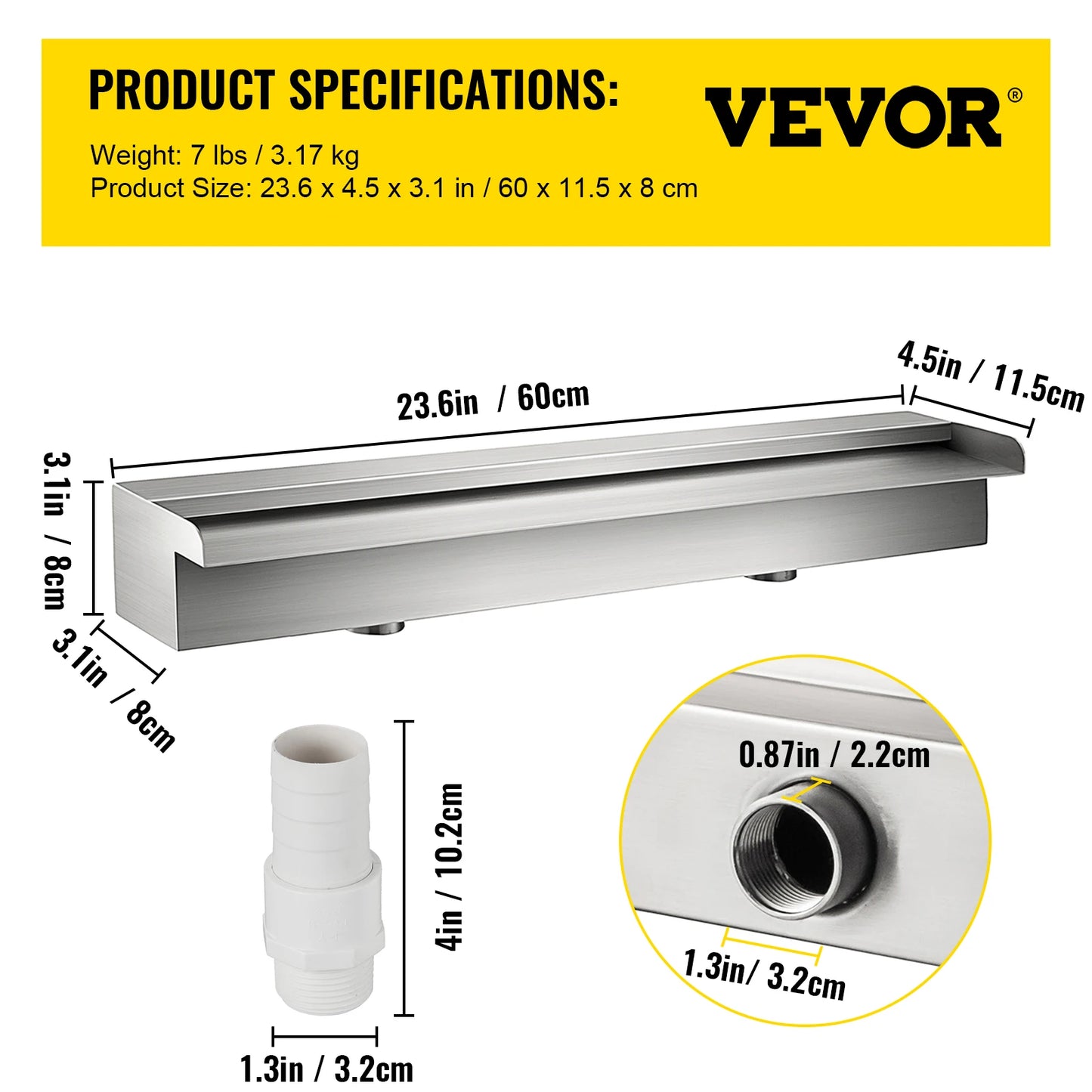 VEVOR Pool Fountain Outdoor Pools Waterfall Spillway with Pipe Connector Stainless Steel Rectangular Pool Fountains Garden Pond