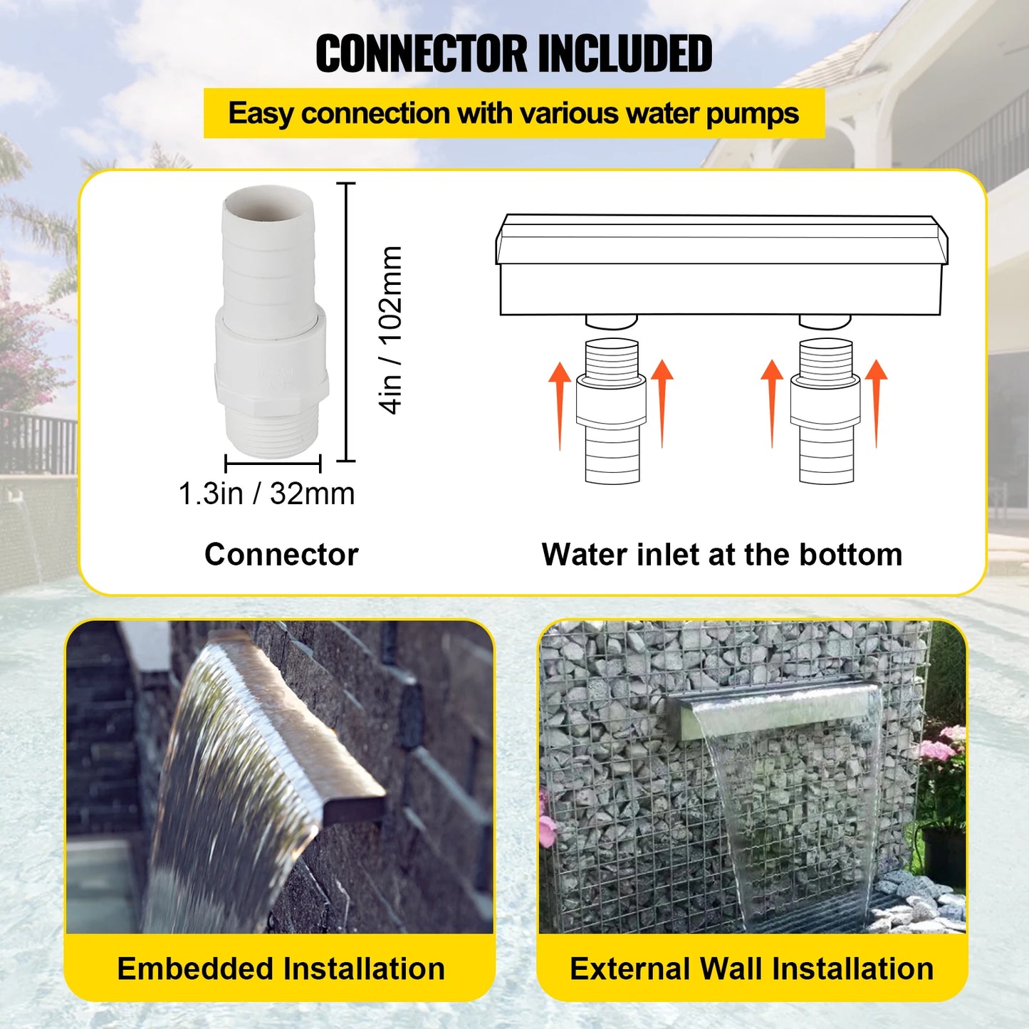 VEVOR Pool Fountain Outdoor Pools Waterfall Spillway with Pipe Connector Stainless Steel Rectangular Pool Fountains Garden Pond