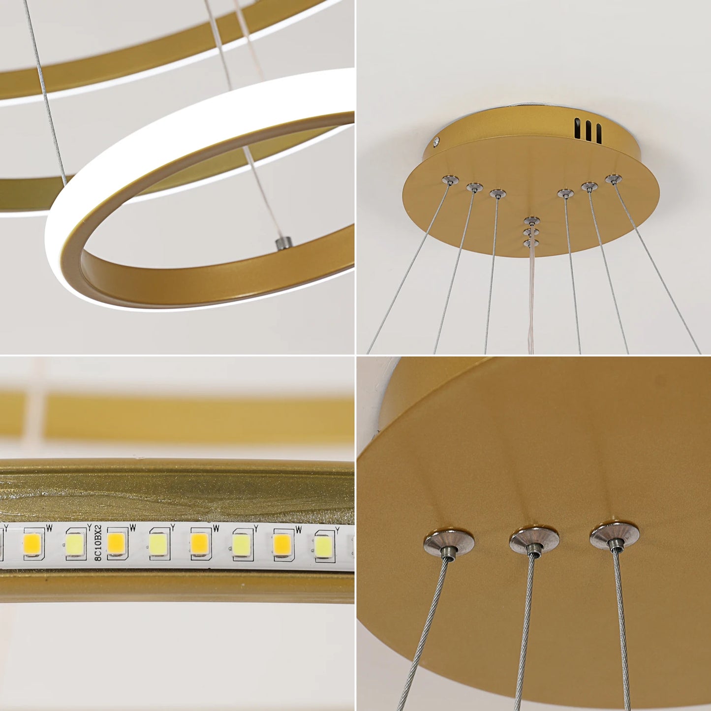 Modern Dimmable 3-Ring LED Chandelier with Remote for High Ceilings and Living Rooms