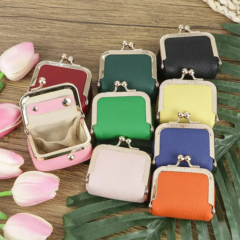 Royal Bagger Genuine Leather Mini Jewelry Coin Purse Solid Color Kiss Lock Change Pouch Casual Small Storage Bag for Women 1894