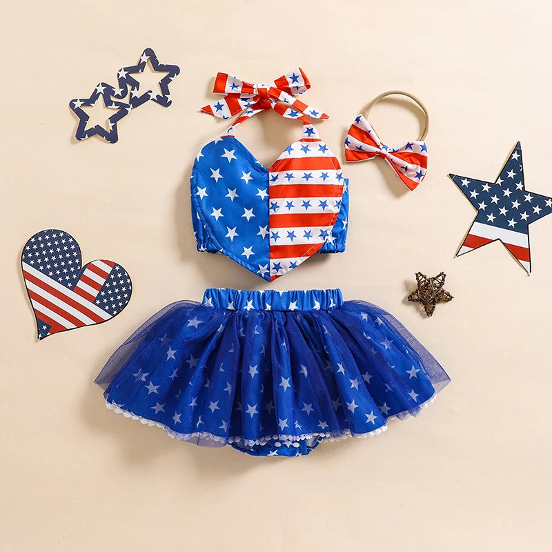 3-Piece Baby Boys Set American Flag Star Pattern Sleeveless Romper Shorts Hat Independence Day Outfits for Infants