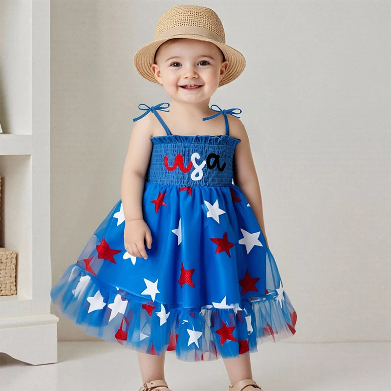 Toddler Girl Patriotic Sleeveless Dress with Tie Shoulder Star Print Tulle Dress Kids Smocked Fourth of July Outfit