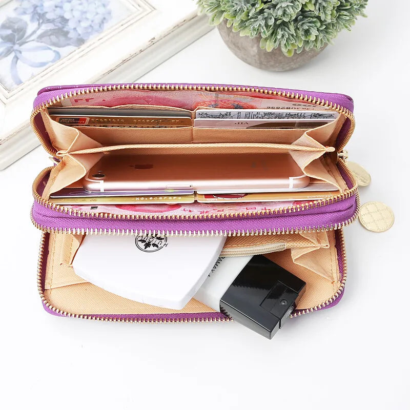 Long Wallet for Women Dual Zipper PU Leather Credit Card Holder Cash Purse Large Capacity Cellphone Handbag