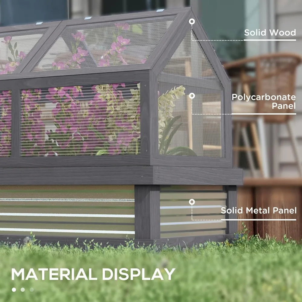 Raised Garden Bed with Polycarbonate Greenhouse, Wooden Garden Cold Frame Greenhouse, Flower Planter Protection, 48" x 24" x 32"
