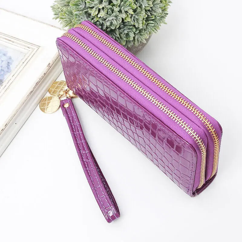 Long Wallet for Women Dual Zipper PU Leather Credit Card Holder Cash Purse Large Capacity Cellphone Handbag