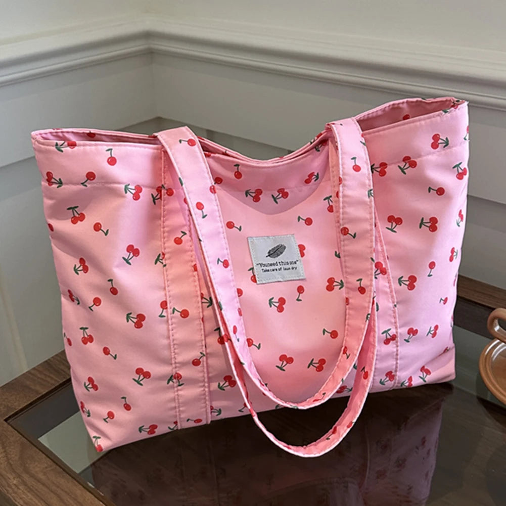 Cute Cherry Strawberry Print Satchel Purse Large Capacity Shoulder Purse Nylon Top Handle Bag Women Leisure Shopping Grocery Bag