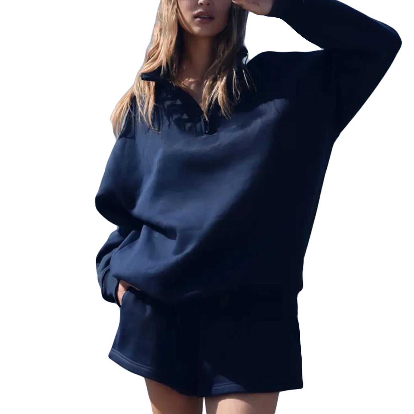 Women Shorts Set Long Sleeve Stand Collar Zipped Sweatshirt Activewear Fall Outfit
