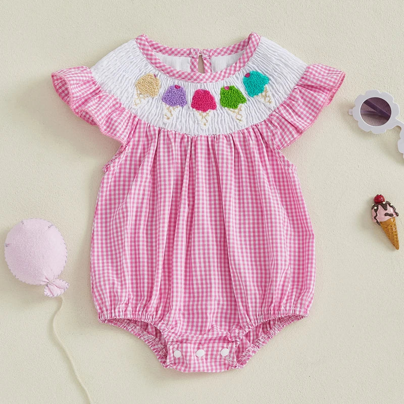 Toddler Girls Rompers Watermelon Embroidery Polka Dot Floral Square Neck Ruffle Sleeve Baby Bodysuits Playsuits