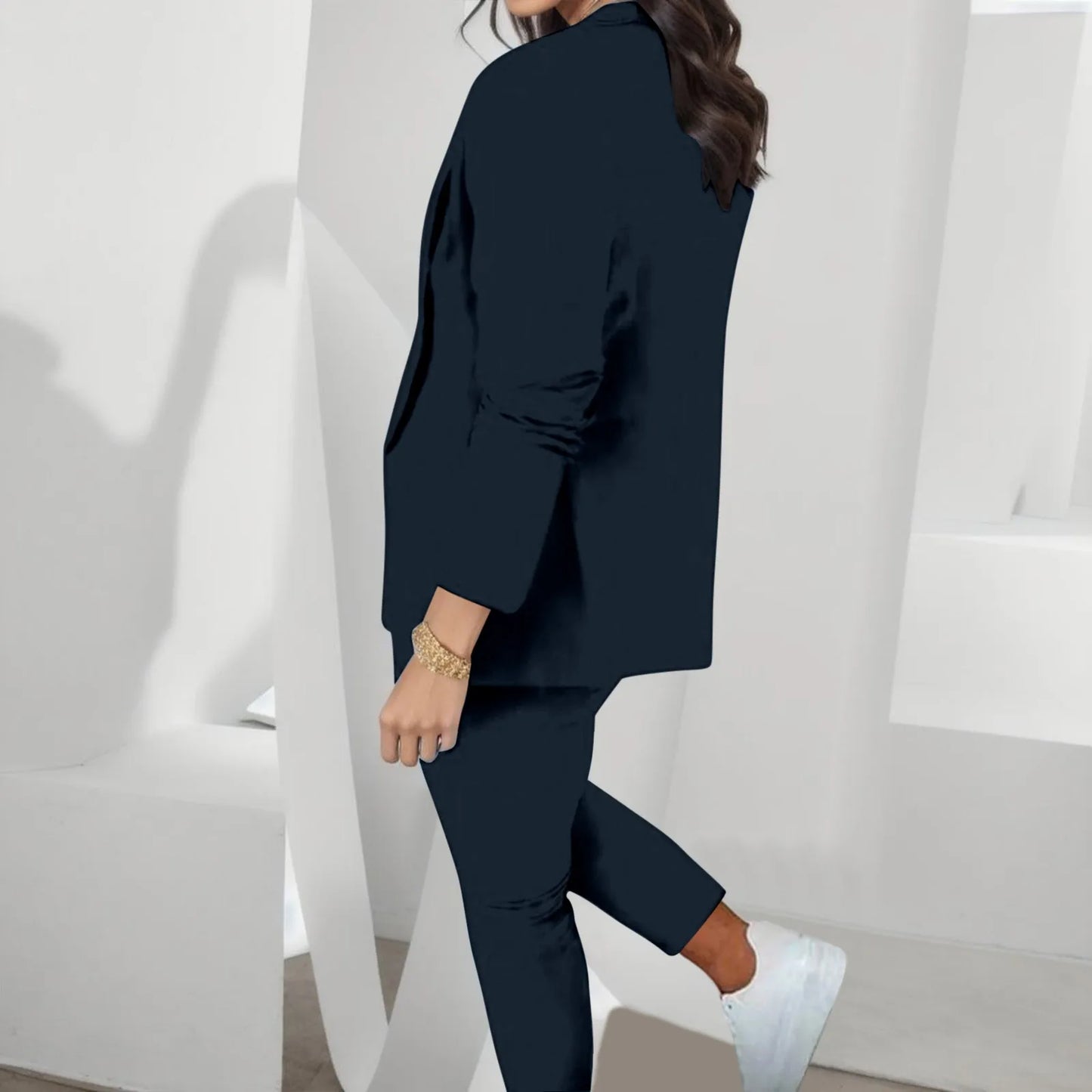 Women's Cardigan Blazer Top And Pants Solid Color Elegant Sporty Jacket Suit Set