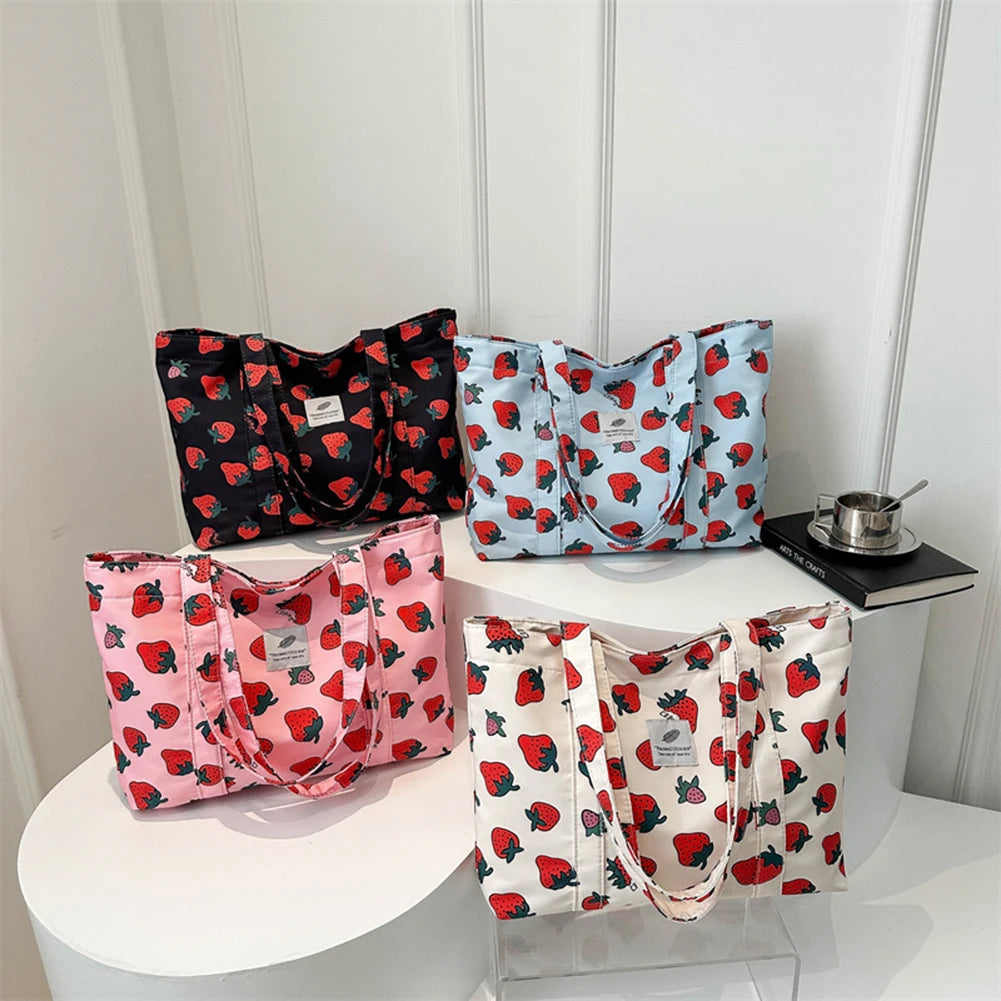 Cute Cherry Strawberry Print Satchel Purse Large Capacity Shoulder Purse Nylon Top Handle Bag Women Leisure Shopping Grocery Bag