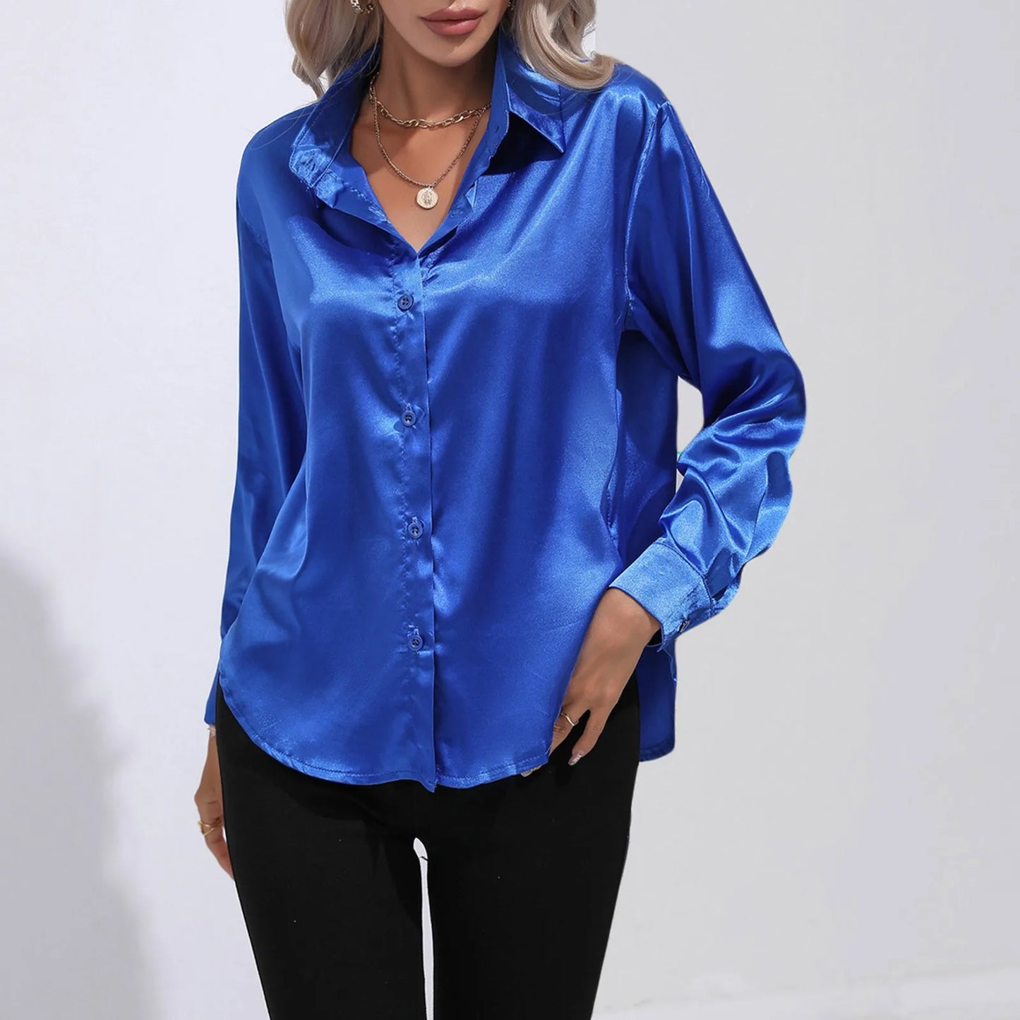 Women's Satin Shirts Solid Color Long Sleeve Office Top 2024
