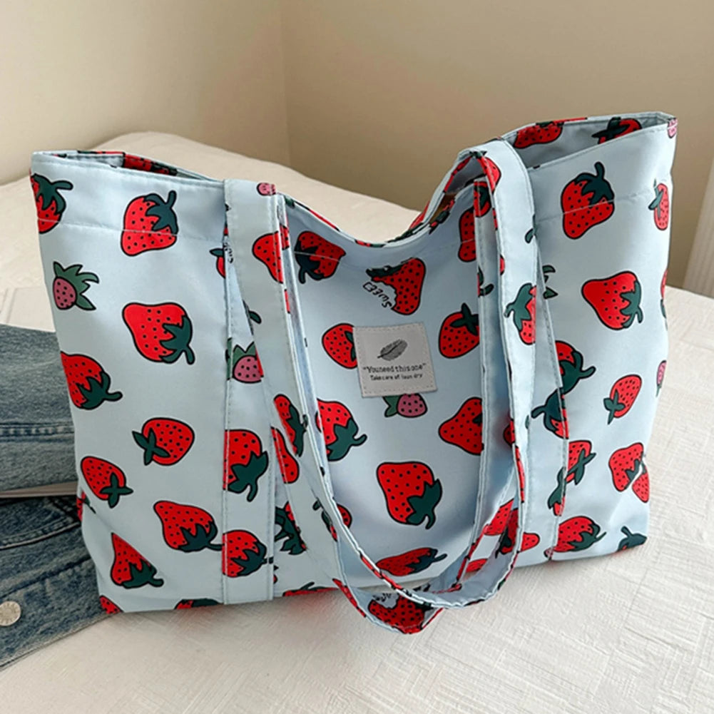 Cute Cherry Strawberry Print Satchel Purse Large Capacity Shoulder Purse Nylon Top Handle Bag Women Leisure Shopping Grocery Bag