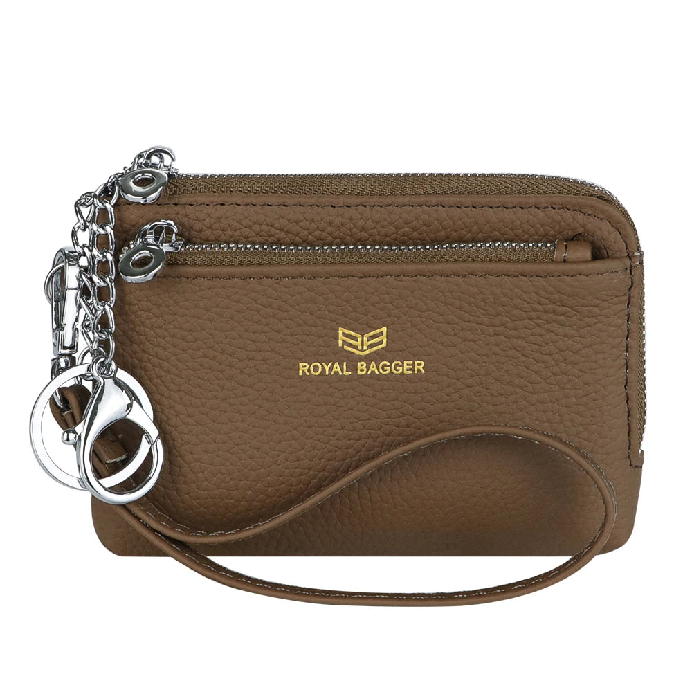 Royal Bagger RFID Coin Purse with Keychain, Genuine Leather Multi Zipper Clutch Wallet, Portable Wristlet Card Holder