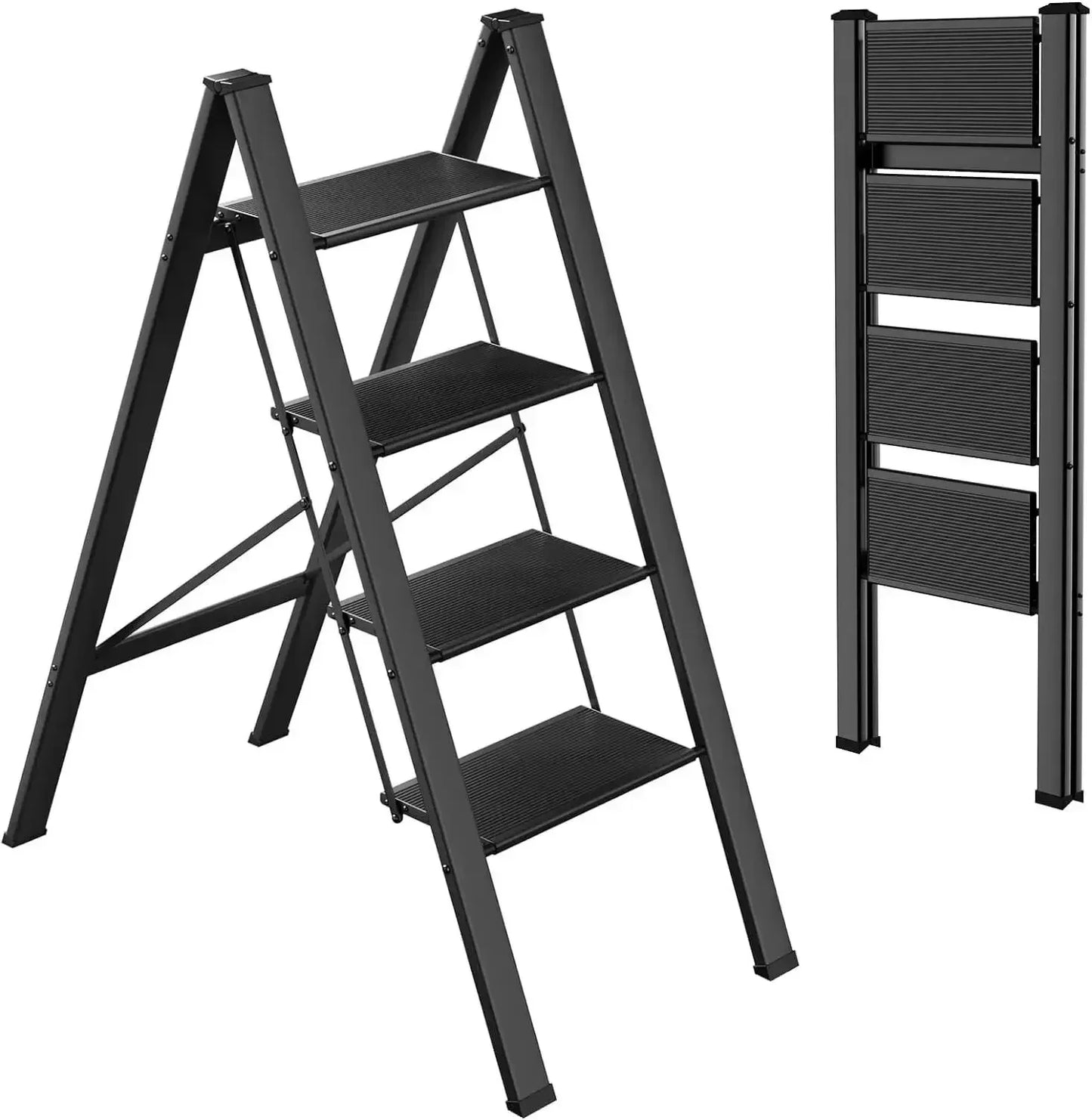 Step Ladder Aluminum Folding Step Stool W/ Wide Anti-Slip Pedal Home Office Lightweight Portable Stepladder (Silver,black)