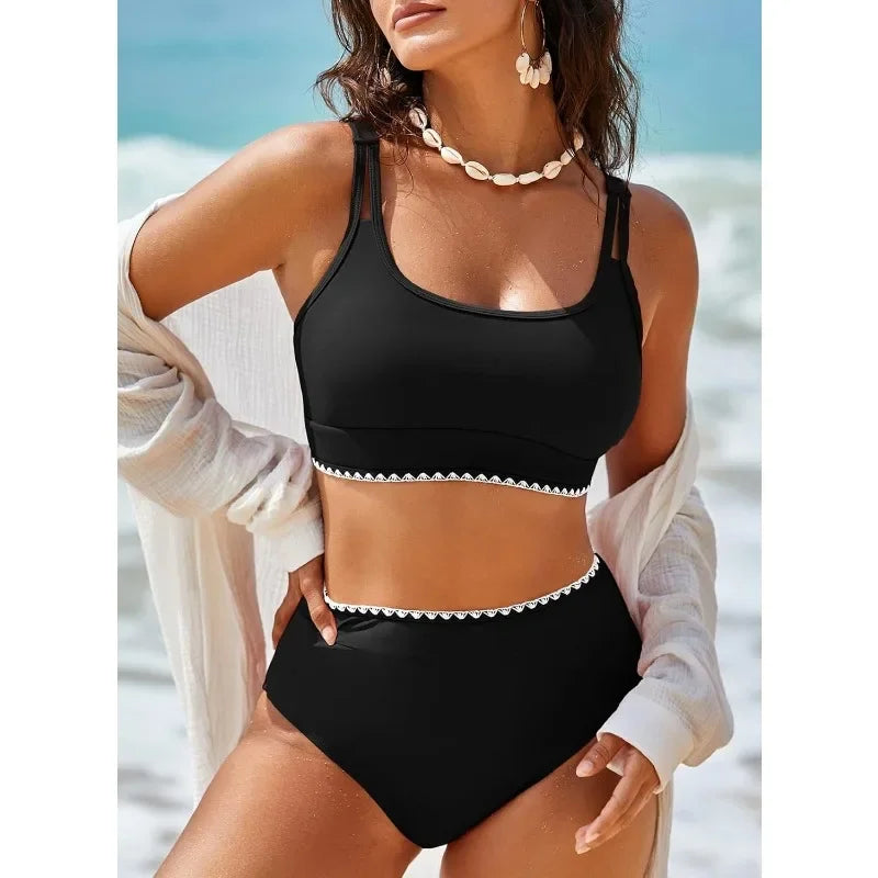 High Waisted Bikini Sets for Women 2 Piece High Cut Swimsuit Color Block Push Up Sporty Bathing Suit