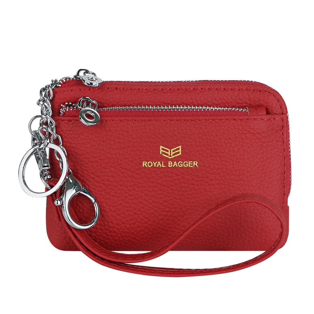 Royal Bagger RFID Coin Purse with Keychain, Genuine Leather Multi Zipper Clutch Wallet, Portable Wristlet Card Holder