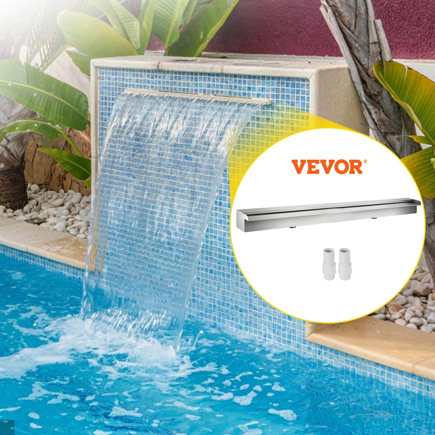 VEVOR Pool Fountain Outdoor Pools Waterfall Spillway with Pipe Connector Stainless Steel Rectangular Pool Fountains Garden Pond
