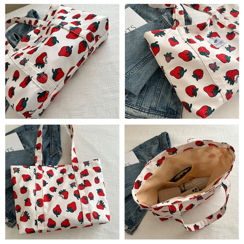 Cute Cherry Strawberry Print Satchel Purse Large Capacity Shoulder Purse Nylon Top Handle Bag Women Leisure Shopping Grocery Bag
