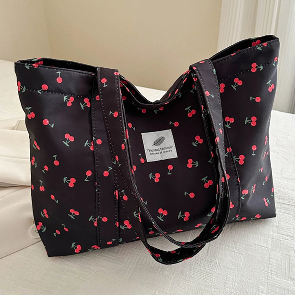 Cute Cherry Strawberry Print Satchel Purse Large Capacity Shoulder Purse Nylon Top Handle Bag Women Leisure Shopping Grocery Bag