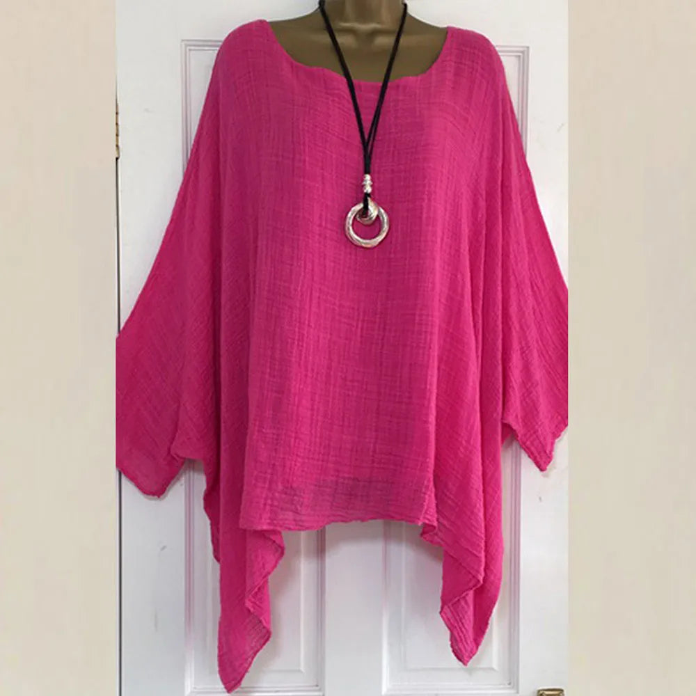 Plus Size Women Boho Linen Blouse Top Summer Solid Color