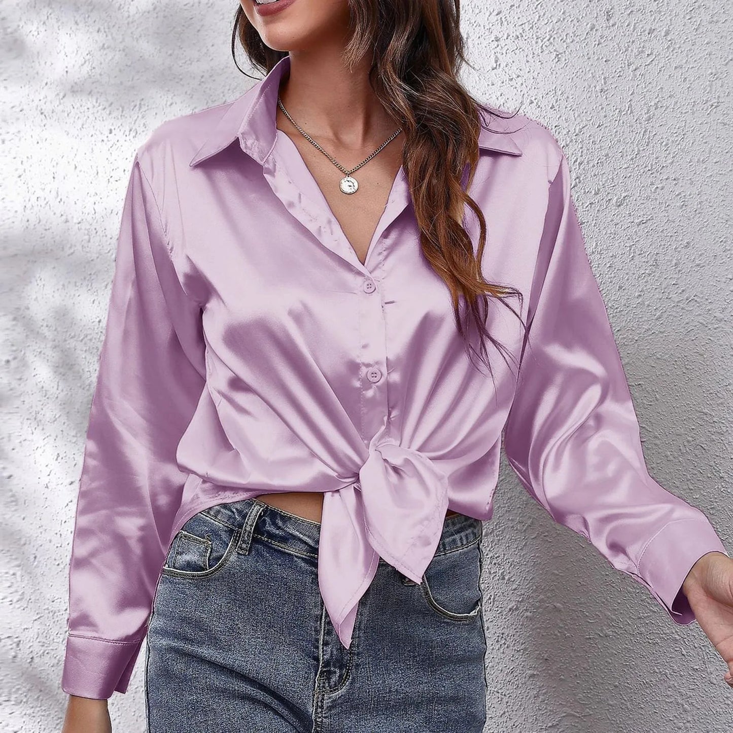Women's Satin Shirts Solid Color Long Sleeve Office Top 2024