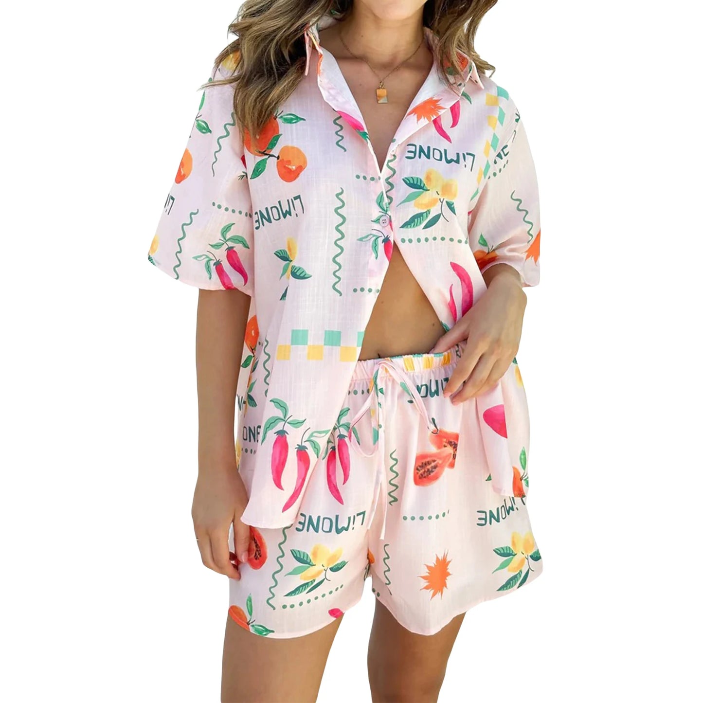 Women Shorts Set Printed Short Sleeve Shirt with Elastic Waist Shorts Summer Outfit