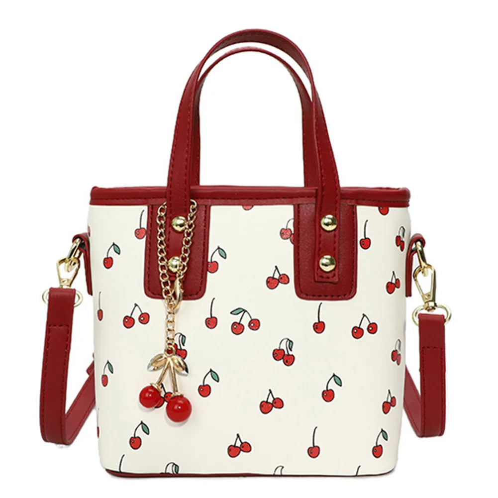 Women PU Cherry Shoulder Bag Large Capacity Trendy Commuting Bag with Cherry Pendant Stylish Crossbody Bag Aesthetic Handbag