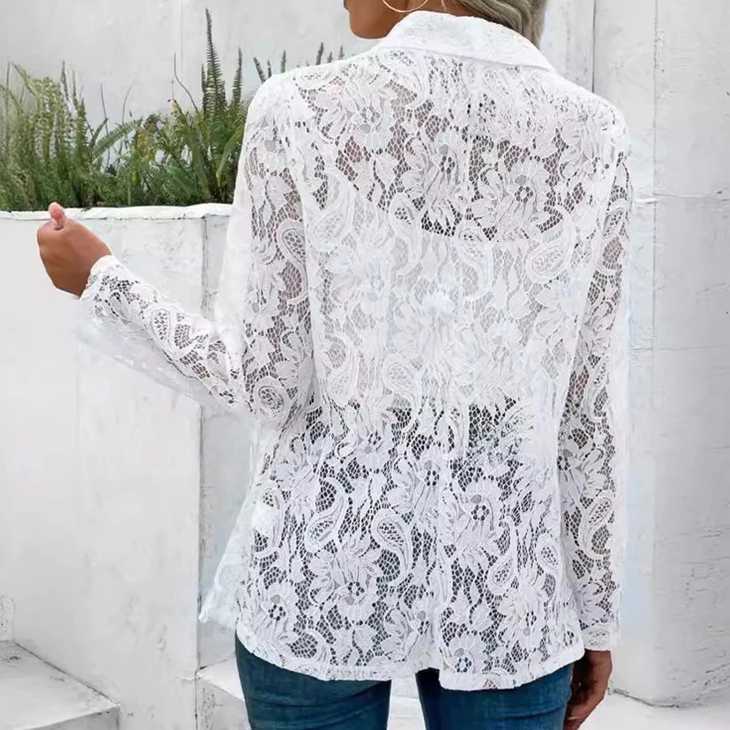 White Lace Hollow Out Women's Suit Coat Lightweight Blazers