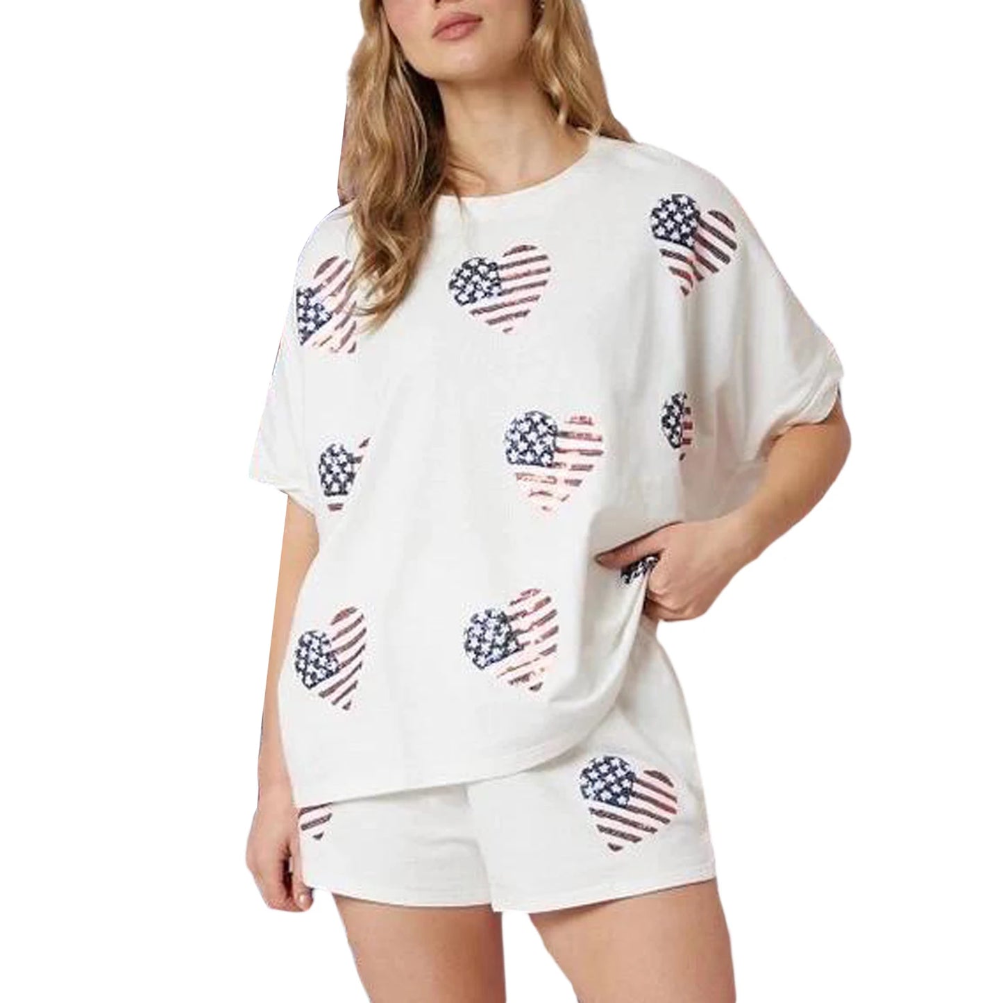 Women’s 4th of July Outfits Short Sleeve Heart Print Set