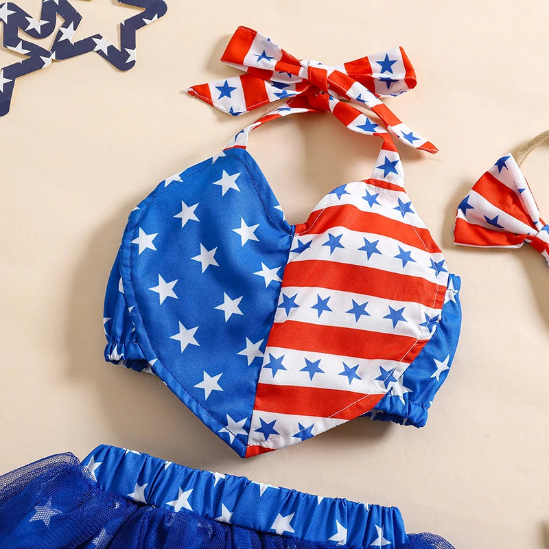 3-Piece Baby Boys Set American Flag Star Pattern Sleeveless Romper Shorts Hat Independence Day Outfits for Infants