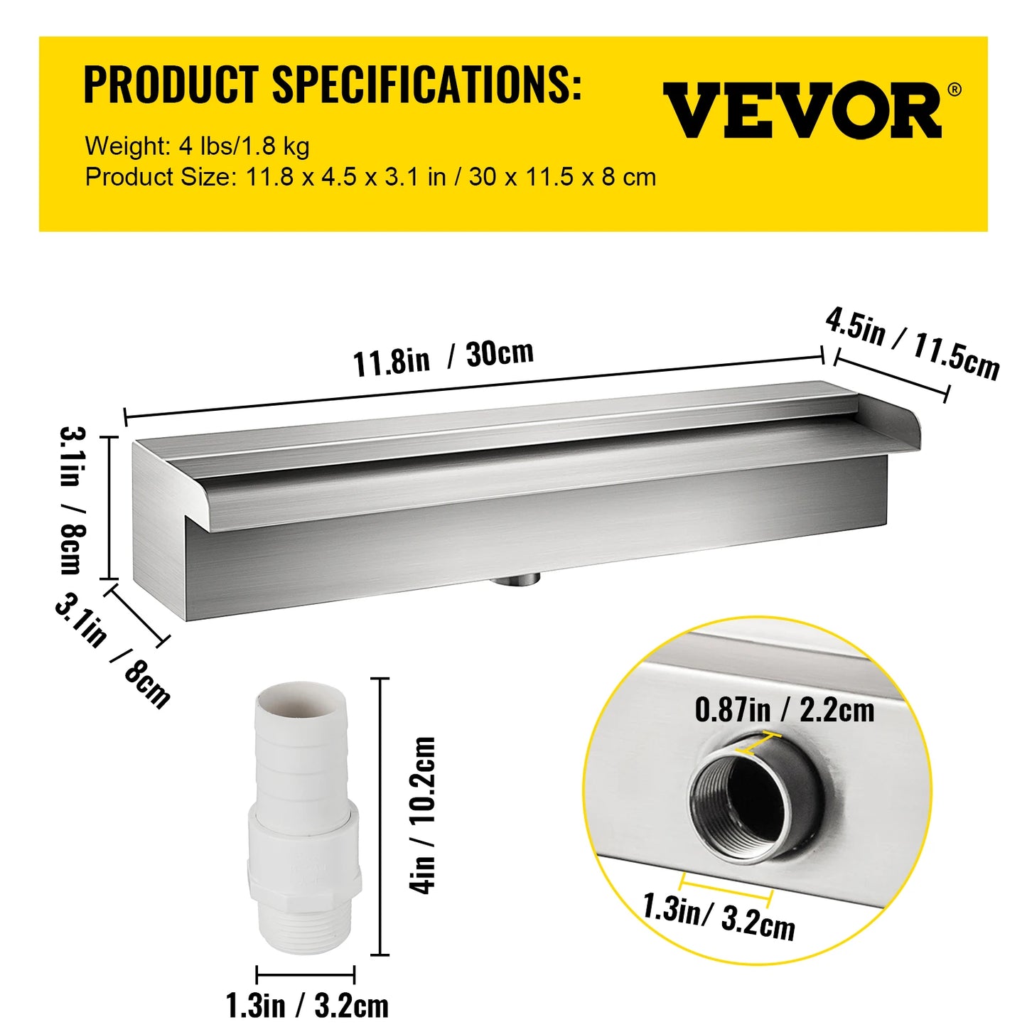 VEVOR Pool Fountain Outdoor Pools Waterfall Spillway with Pipe Connector Stainless Steel Rectangular Pool Fountains Garden Pond