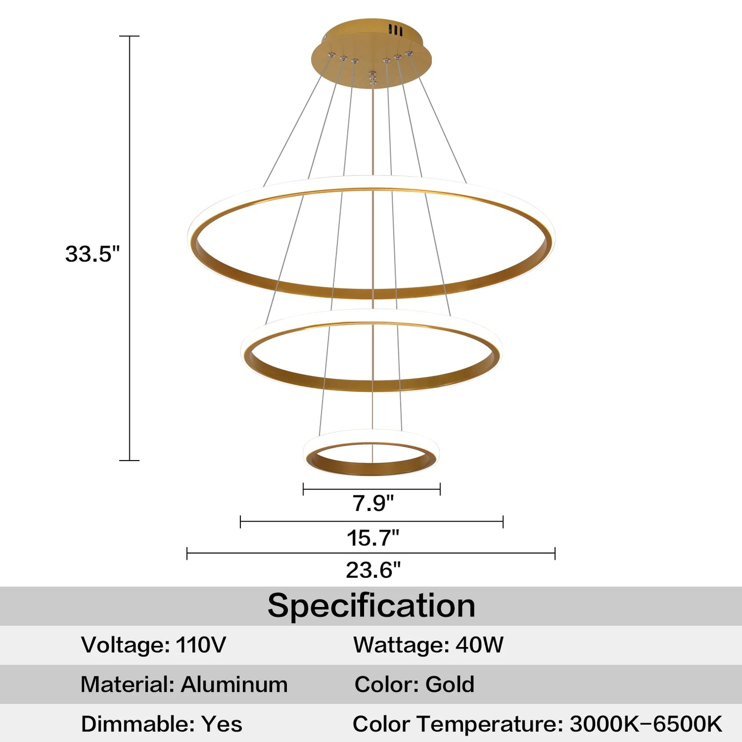 Modern Dimmable 3-Ring LED Chandelier with Remote for High Ceilings and Living Rooms