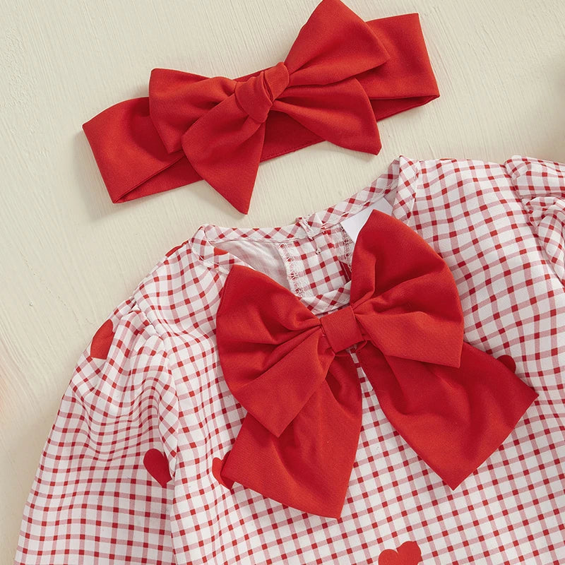 Toddler Girl Valentine s Day Outfit Heart Print Romper with Ruffle Sleeves and Matching Headband Set for Baby Girls