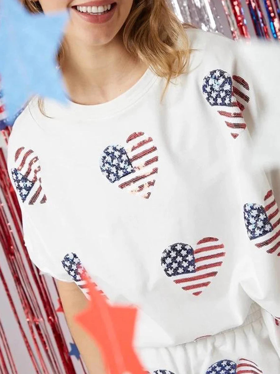 Women’s 4th of July Outfits Short Sleeve Heart Print Set