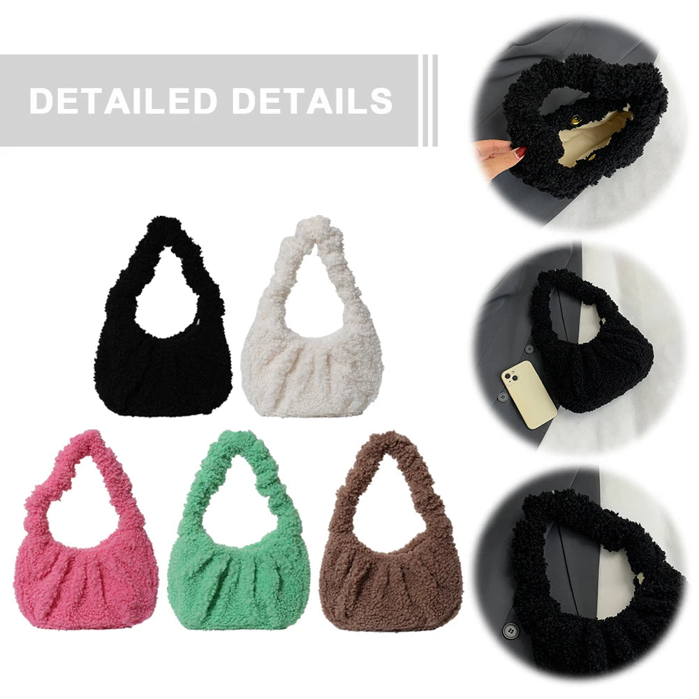 Furry Tote Bag Small Ruched Hand Purse Lambswool Cute Mini Faux Fur Bag Winter Fuzzy Pursess and Handbag for Women Lady