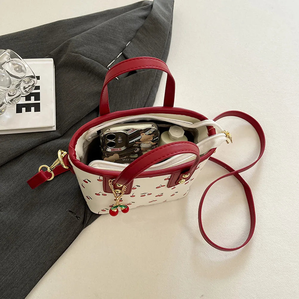 Women PU Cherry Shoulder Bag Large Capacity Trendy Commuting Bag with Cherry Pendant Stylish Crossbody Bag Aesthetic Handbag