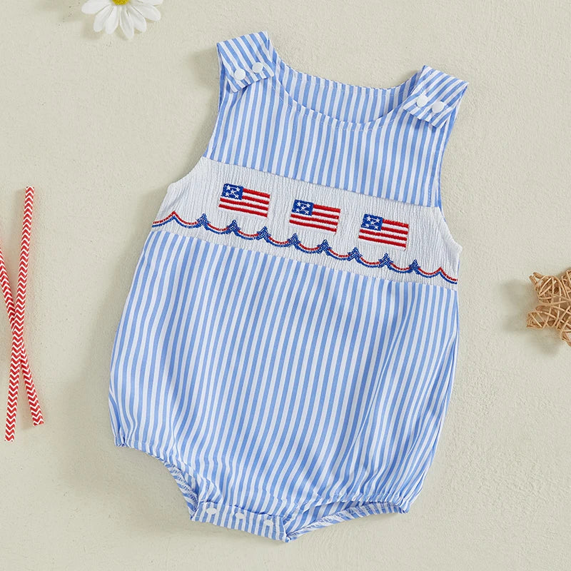 Infant Boy Independence Day Striped Romper Overalls with Sleeveless Round Neck and USA Flag Embroidery - Patriotic Jumpsuit for