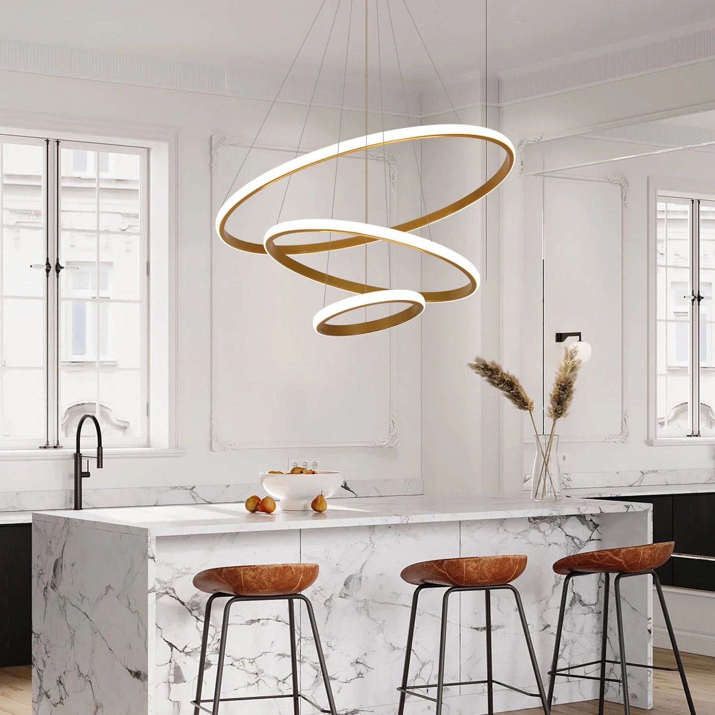 Modern Dimmable 3-Ring LED Chandelier with Remote for High Ceilings and Living Rooms