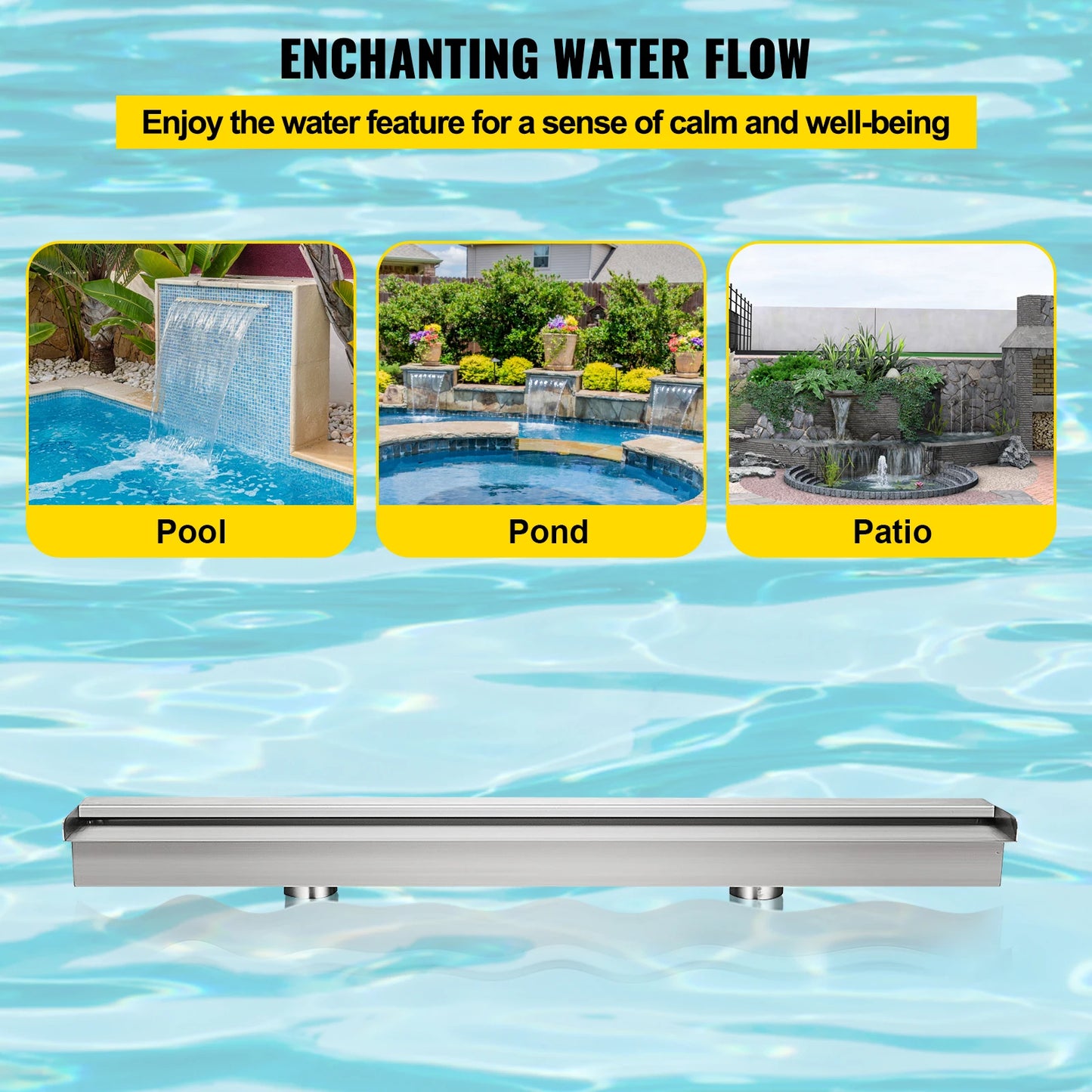 VEVOR Pool Fountain Outdoor Pools Waterfall Spillway with Pipe Connector Stainless Steel Rectangular Pool Fountains Garden Pond