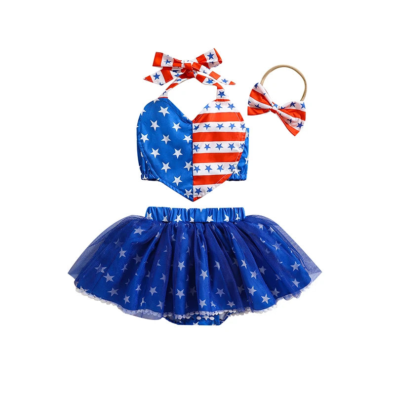 3-Piece Baby Boys Set American Flag Star Pattern Sleeveless Romper Shorts Hat Independence Day Outfits for Infants