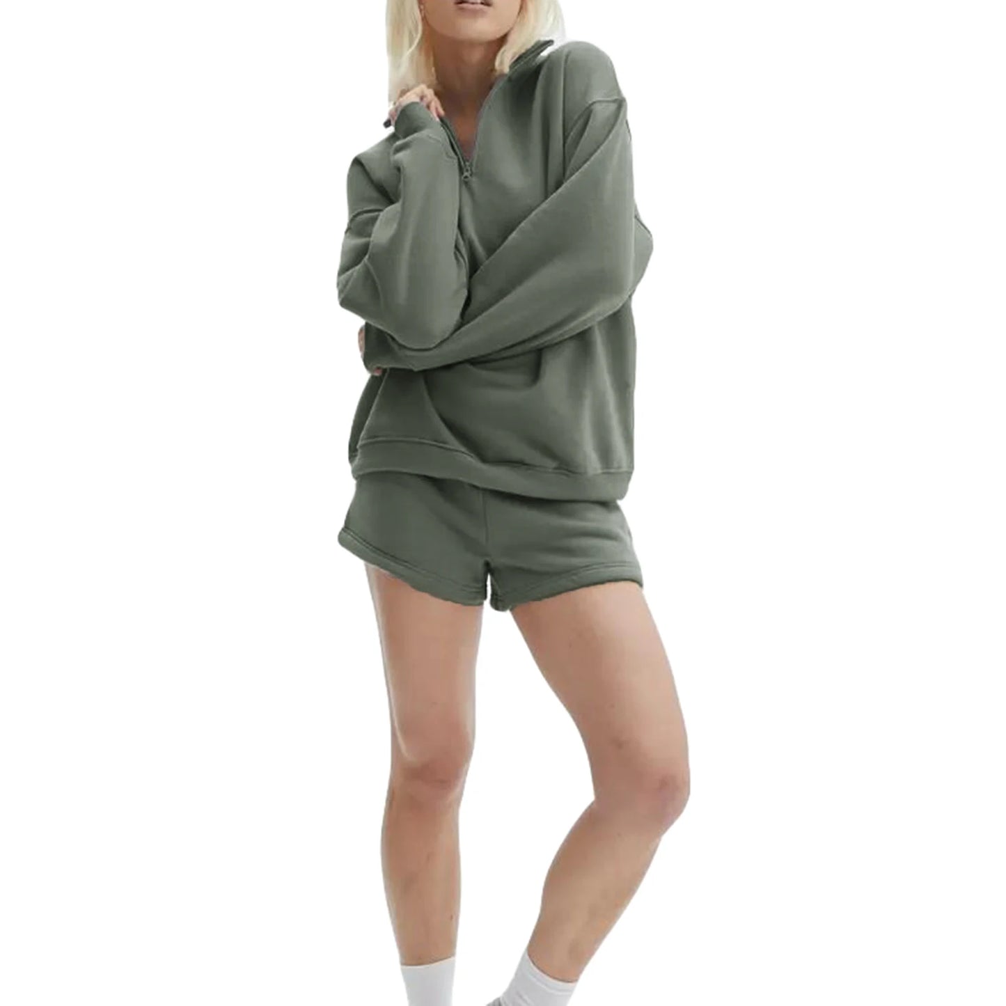 Women Shorts Set Long Sleeve Stand Collar Zipped Sweatshirt Activewear Fall Outfit