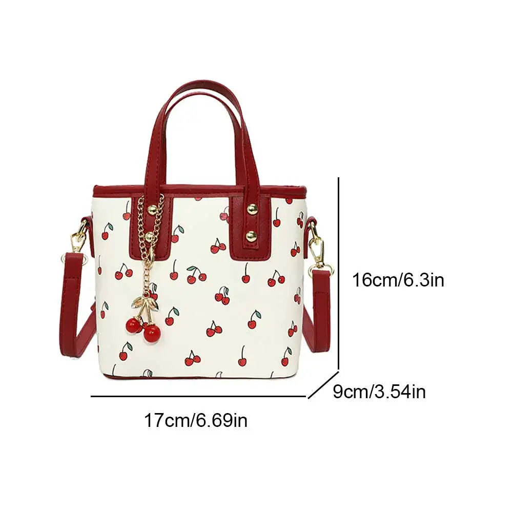 Women PU Cherry Shoulder Bag Large Capacity Trendy Commuting Bag with Cherry Pendant Stylish Crossbody Bag Aesthetic Handbag