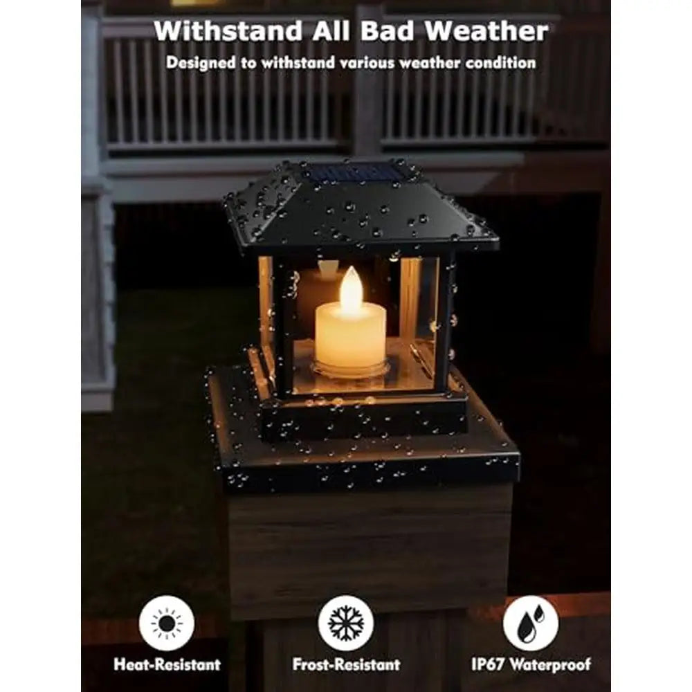 Solar Post Cap Lights Outdoor 4 Pack 3D Flickering Candle Design IP67 Waterproof Warm LED Lighting Kit Decor Solar Powered Easy