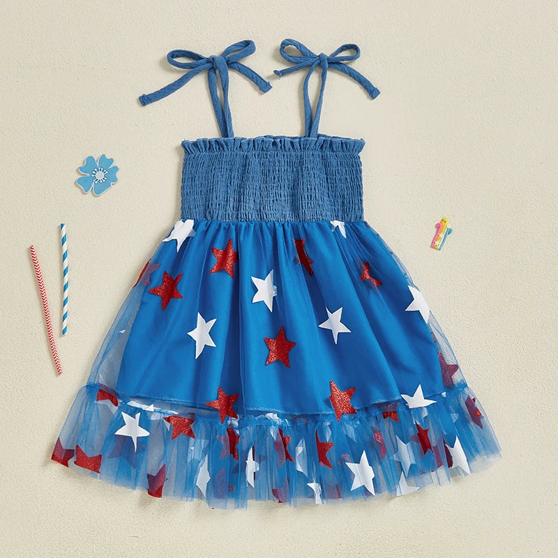 Toddler Girl Patriotic Sleeveless Dress with Tie Shoulder Star Print Tulle Dress Kids Smocked Fourth of July Outfit