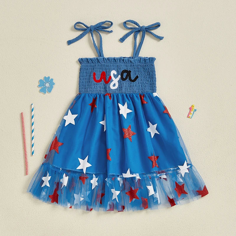 Toddler Girl Patriotic Sleeveless Dress with Tie Shoulder Star Print Tulle Dress Kids Smocked Fourth of July Outfit